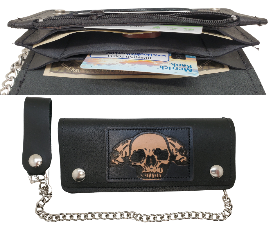 <span><span>3 Skulls pattern all leather patch on a </span></span><span style="font-size: 0.875rem;">Classic Style Chain Wallet, great for the Modern minimalist. One credit card slot in the front with 2 main cash or whatever your STUFF is....5 year old receipts, concert stub from high school, the stuff you forgot was in there!</span><span style="font-size: 0.875rem;"> <span data-mce-fragment="1">Available in our Smyrna, TN shop a short drive from downtown Nashville.</span></span>