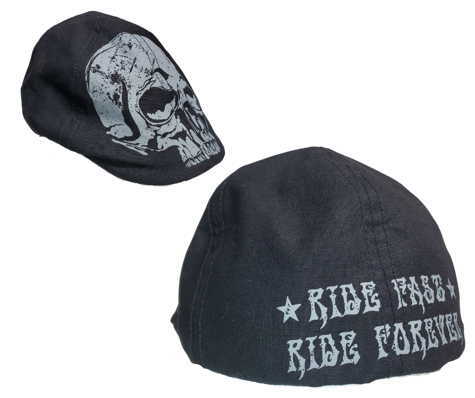 Defy the ordinary with a Skull Drivers Cap, featuring a striking printed Skull across the front, and "Ride Fast-Ride Forever" with two stars across the back. Enjoy classic coolness. Take the plunge and get yours today at our Smyrna, Tn shop, only a quick drive from Nashville. Imported.  One size fits most