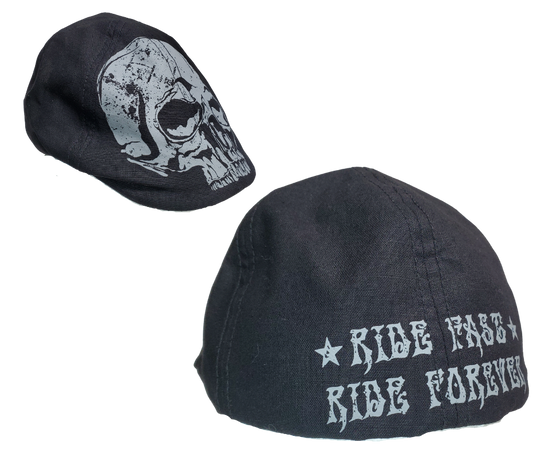 Defy the ordinary with a Skull Drivers Cap, featuring a striking printed Skull across the front, and "Ride Fast-Ride Forever" with two stars across the back. Enjoy classic coolness. Take the plunge and get yours today at our Smyrna, Tn shop, only a quick drive from Nashville. Imported.  One size fits most