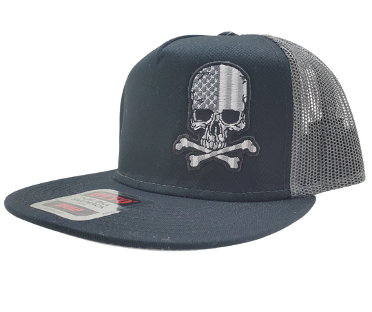 Black Flat Bill Cap with Gray mesh back. Front has a Silver embroidered patch of a skull graphic filled with the American Flag. Structured top to keep its shape. Sold at our shop just outside Nashville in Smyrna, TN.