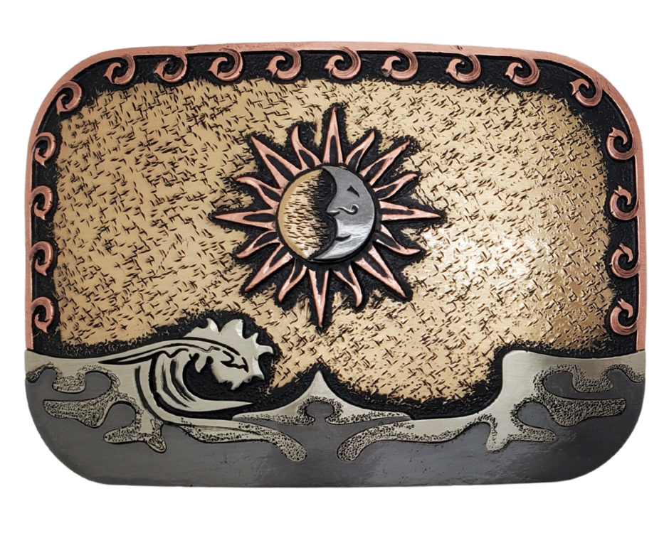 The Sol Mar buckle is handmade from German Silver (nickel and brass alloy) or iron metal base. Our products are all handcrafted. In order to give you the quality and long lasting final product we also plate each piece with copper, nickel and silver to ensure the piece's long lasting qualities. Available at our Smyrna, TN shop just outside of Nashville. Made in Mexico by talented metal workers.