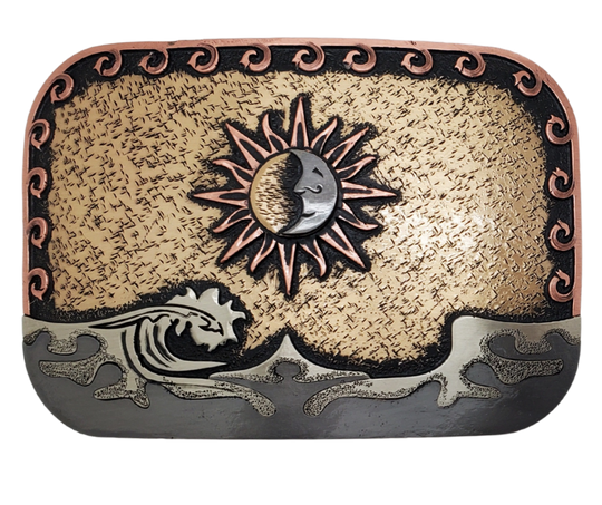 The Sol Mar buckle is handmade from German Silver (nickel and brass alloy) or iron metal base. Our products are all handcrafted. In order to give you the quality and long lasting final product we also plate each piece with copper, nickel and silver to ensure the piece's long lasting qualities. Available at our Smyrna, TN shop just outside of Nashville. Made in Mexico by talented metal workers.