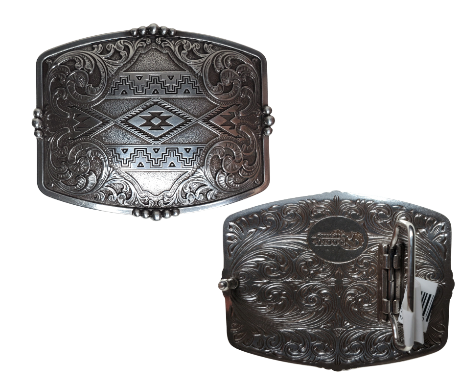 Greet the day with sizzling Southwest designs, raring western scroll accents, and an antique silver finish that'll amplify your style. This approx. 3" x 4" buckle adds a great flair to any 1 1/2" belt - so grab yours from our Smyrna, TN (near Nashville) store or online and get ready to ride!