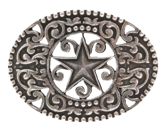 Discover the traditional Western scrolls, Filigree vines design with a Star right in the center.  This antique silver buckle is highlighted with a partial beaded edge border. Fit's up 1 3/4" belts and is approx. 2 3/4" H x 3 1/4" W. Available at our Smyrna, TN shop, just a quick drive away from Nashville.