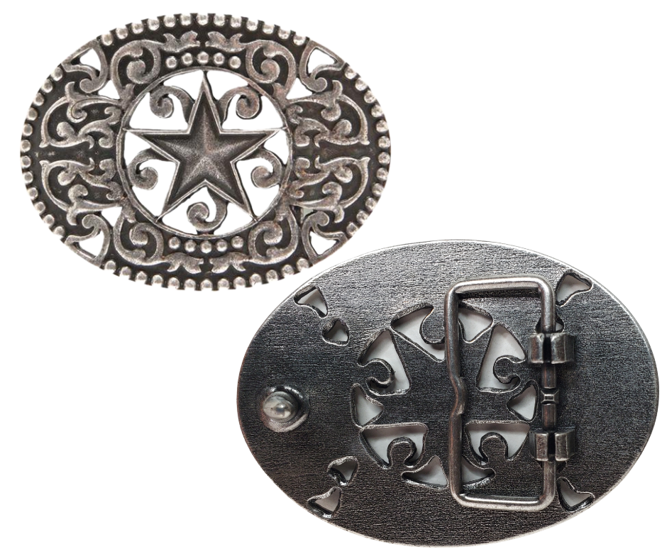 Discover the traditional Western scrolls, Filigree vines design with a Star right in the center.  This antique silver buckle is highlighted with a partial beaded edge border. Fit's up 1 3/4" belts and is approx. 2 3/4" H x 3 1/4" W. Available at our Smyrna, TN shop, just a quick drive away from Nashville.