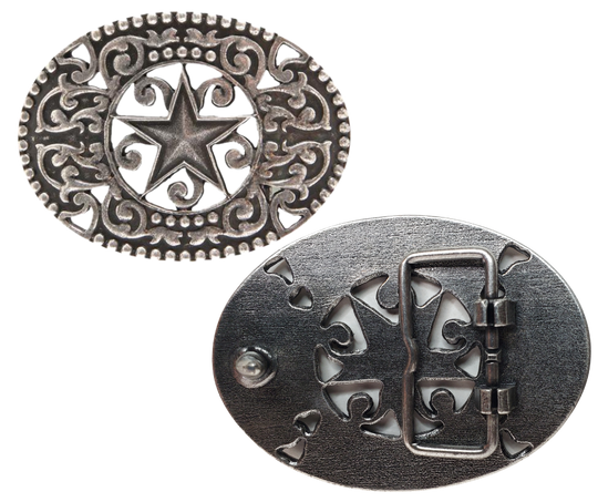 Discover the traditional Western scrolls, Filigree vines design with a Star right in the center.  This antique silver buckle is highlighted with a partial beaded edge border. Fit's up 1 3/4" belts and is approx. 2 3/4" H x 3 1/4" W. Available at our Smyrna, TN shop, just a quick drive away from Nashville.