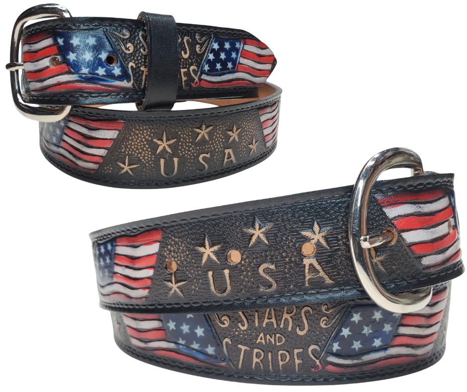 "Stars and Stripes" Leather Belt "Quick Ship"