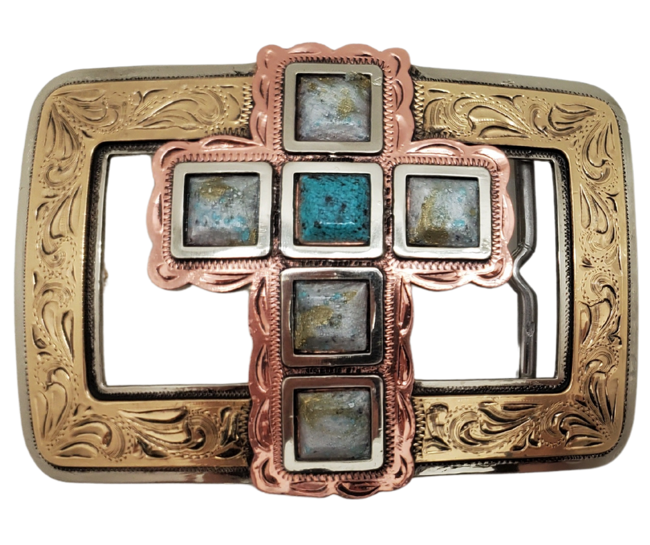 The Stone Cross belt buckle is made from German Silver or iron metal base. These buckles have motifs made of copper, iron or brass and some are adorned with synthetic stones. In order to give you the quality and long lasting product. Available at our Smyrna, TN shop just outside of Nashville.