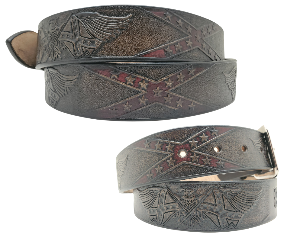 This Name Belt is one-of-a-kind Hand stained strip of vegetable tanned leather showcasing a Southern Heritage Eagles and Stars and Bars style pattern. Plus, the solid brass buckle in antique nickel finish can be easily switched out. Each belt is handcrafted at our shop in Smyrna, Tennessee, close to Nashville.