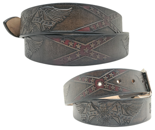 This Name Belt is one-of-a-kind Hand stained strip of vegetable tanned leather showcasing a Southern Heritage Eagles and Stars and Bars style pattern. Plus, the solid brass buckle in antique nickel finish can be easily switched out. Each belt is handcrafted at our shop in Smyrna, Tennessee, close to Nashville.