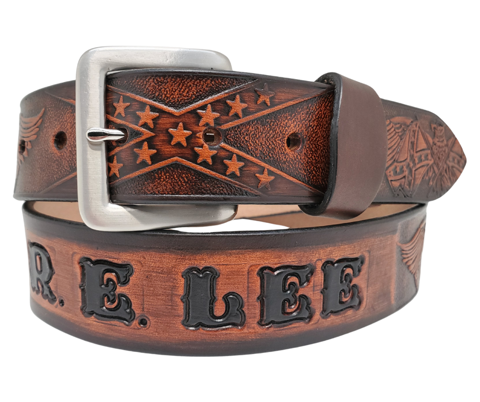 This Name Belt is one-of-a-kind Hand stained strip of vegetable tanned leather showcasing a Southern Heritage Eagles and Stars and Bars style pattern. Plus, the solid brass buckle in antique nickel finish can be easily switched out. Each belt is handcrafted at our shop in Smyrna, Tennessee, close to Nashville.