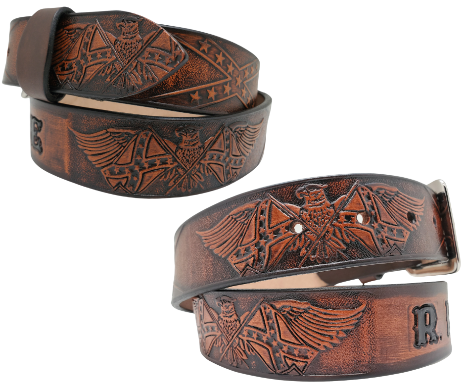 This Name Belt is one-of-a-kind Hand stained strip of vegetable tanned leather showcasing a Southern Heritage Eagles and Stars and Bars style pattern. Plus, the solid brass buckle in antique nickel finish can be easily switched out. Each belt is handcrafted at our shop in Smyrna, Tennessee, close to Nashville.