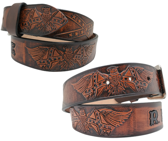 This Name Belt is one-of-a-kind Hand stained strip of vegetable tanned leather showcasing a Southern Heritage Eagles and Stars and Bars style pattern. Plus, the solid brass buckle in antique nickel finish can be easily switched out. Each belt is handcrafted at our shop in Smyrna, Tennessee, close to Nashville.