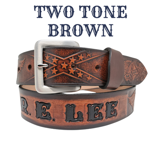 This Name Belt is one-of-a-kind Hand stained strip of vegetable tanned leather showcasing a Southern Heritage Eagles and Stars and Bars style pattern. Plus, the solid brass buckle in antique nickel finish can be easily switched out. Each belt is handcrafted at our shop in Smyrna, Tennessee, close to Nashville.