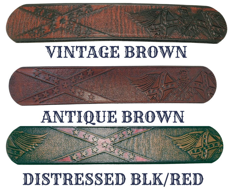 This Name Belt is one-of-a-kind Hand stained strip of vegetable tanned leather showcasing a Southern Heritage Eagles and Stars and Bars style pattern. Plus, the solid brass buckle in antique nickel finish can be easily switched out. Each belt is handcrafted at our shop in Smyrna, Tennessee, close to Nashville.