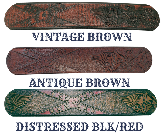 This Name Belt is one-of-a-kind Hand stained strip of vegetable tanned leather showcasing a Southern Heritage Eagles and Stars and Bars style pattern. Plus, the solid brass buckle in antique nickel finish can be easily switched out. Each belt is handcrafted at our shop in Smyrna, Tennessee, close to Nashville.