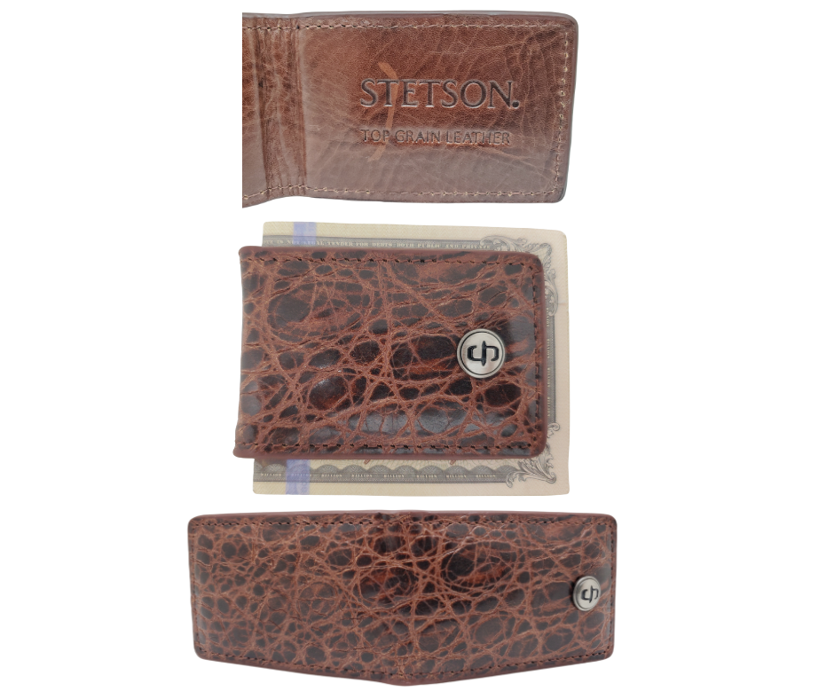 The combination of Style and Minimalist attitude. Stetson has done just that with this Croc Print (so good it's hard to tell the difference) Magnetic Money Clip. Choose classic Black or Cognac brown. See them at our local Smyrna, TN shop a short drive from Nashville.