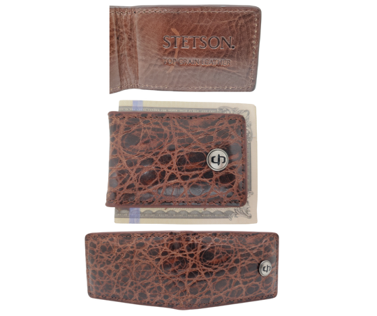 The combination of Style and Minimalist attitude. Stetson has done just that with this Croc Print (so good it's hard to tell the difference) Magnetic Money Clip. Choose classic Black or Cognac brown. See them at our local Smyrna, TN shop a short drive from Nashville.