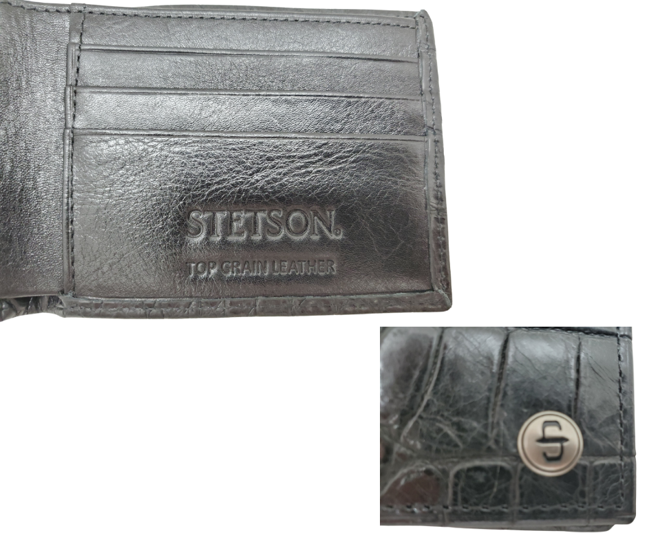 Fully Licensed Stetson Logo Bifold Wallet. Made from Cognac Brown Croc or Black print cowhide leather so good it's really hard to tell the difference from the real thing! Classic Bifold design on the inside made from soft durable cowhide leather. Featuring 6 card slots along 2 underside pockets, large cash slot. In stock at our Smyrna, TN retail store 30 min. from downtown Nashville. Imported.