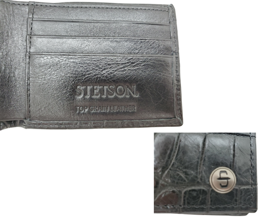 Fully Licensed Stetson Logo Bifold Wallet. Made from Cognac Brown Croc or Black print cowhide leather so good it's really hard to tell the difference from the real thing! Classic Bifold design on the inside made from soft durable cowhide leather. Featuring 6 card slots along 2 underside pockets, large cash slot. In stock at our Smyrna, TN retail store 30 min. from downtown Nashville. Imported.