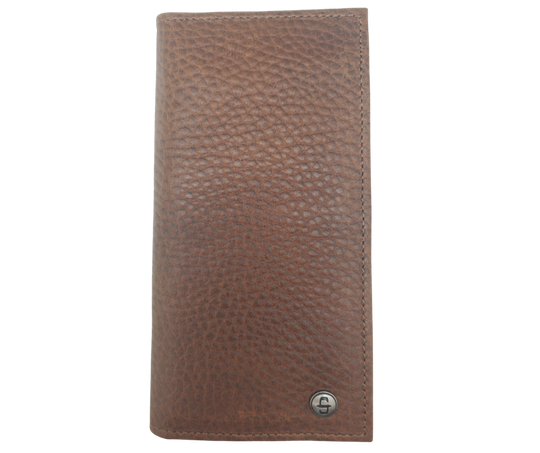 Fully Licensed Stetson Logo Roper/Checkbook style Wallet. Made from Genuine Bison Leather inside and out in a Classic Roper Design. Featuring on the right inside 6 card slots and I.D. pocket along with 2 underside pockets. On the left inside 1 cash pocket. In stock at our Smyrna, TN retail store 30 min. from downtown Nashville. Imported.