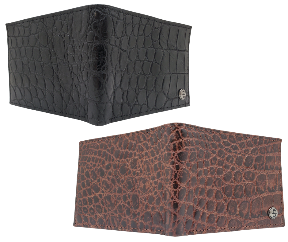 Fully Licensed Stetson Logo Bifold Wallet. Made from Cognac Brown Croc or Black print cowhide leather so good it's really hard to tell the difference from the real thing! Classic Bifold design on the inside made from soft durable cowhide leather. Featuring 6 card slots along 2 underside pockets, large cash slot. In stock at our Smyrna, TN retail store 30 min. from downtown Nashville. Imported.