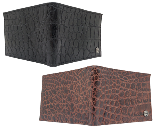 Fully Licensed Stetson Logo Bifold Wallet. Made from Cognac Brown Croc or Black print cowhide leather so good it's really hard to tell the difference from the real thing! Classic Bifold design on the inside made from soft durable cowhide leather. Featuring 6 card slots along 2 underside pockets, large cash slot. In stock at our Smyrna, TN retail store 30 min. from downtown Nashville. Imported.