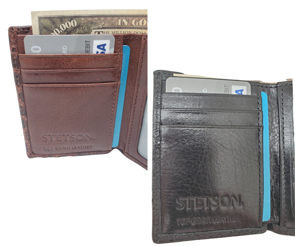 Fully Licensed Stetson Logo Trifold Wallet. Made from Cognac Brown Croc or Black print cowhide leather so good it's really hard to tell the difference from the real thing! Classic Trifold design on the inside made from soft durable cowhide leather. Featuring 6 card slots along 2 underside pockets, large cash slot and I.D. pocket in the center. In stock at our Smyrna, TN retail store 30 min. from downtown Nashville. Imported.