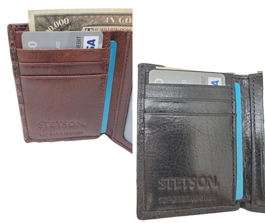 Fully Licensed Stetson Logo Trifold Wallet. Made from Cognac Brown Croc or Black print cowhide leather so good it's really hard to tell the difference from the real thing! Classic Trifold design on the inside made from soft durable cowhide leather. Featuring 6 card slots along 2 underside pockets, large cash slot and I.D. pocket in the center. In stock at our Smyrna, TN retail store 30 min. from downtown Nashville. Imported.