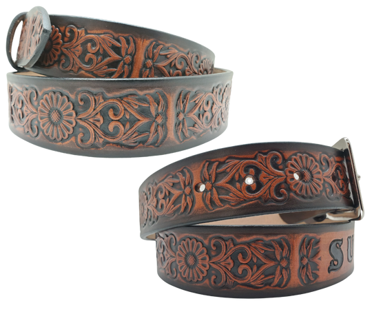 "The Sun Daisy" is a handmade real VEGTAN belt made from a single strip of cowhide shoulder leather that is 8-10 oz. or approx. 1/8" thick. It has hand burnished (smoothed)&nbsp;edges and Summer flowers embossed on the surface.&nbsp;The antique nickel plated solid brass buckle is snapped in place with heavy snaps.&nbsp; This belt is made just outside Nashville in Smyrna, TN.