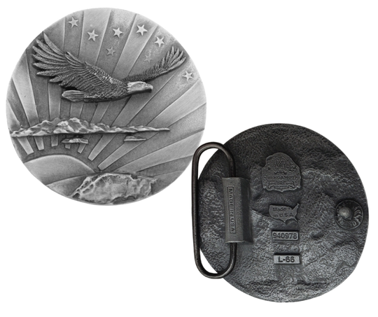 The Eagle is an iconic symbol of America, representing Freedom, Power, and Liberty. With its circular design, this buckle is comfortable to wear and pairs well with any belt. Crafted from top-quality pewter, it is specifically made to fit 1 1/2" belts and measures 2 3/4" in diameter. Find it at our shop in Smyrna, TN, just a short drive from Nashville.