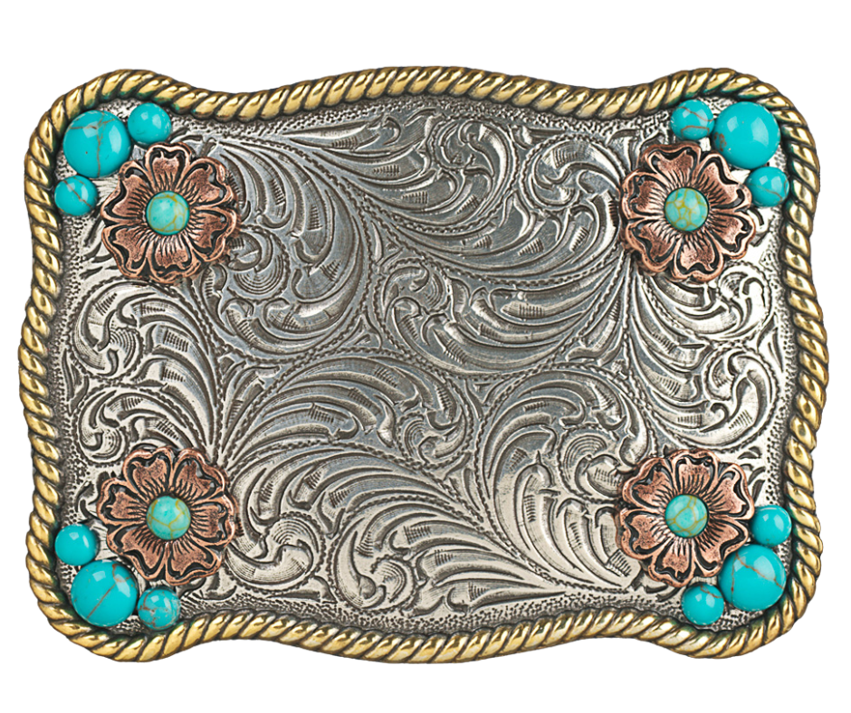 Sunsets are a divine gift. The "Sunset Flower" Belt Buckle takes your mind to one. Its rectangular shape, rope edge, and western floral background are accented by small Turquoise stones and Copper flowers. At 2 1/2" tall by 3 1/2" wide, this versatile buckle fits belts up to 1 1/2" wide and is available at our retail store in Smyrna, TN, near Nashville. We can't wait for you to see it!