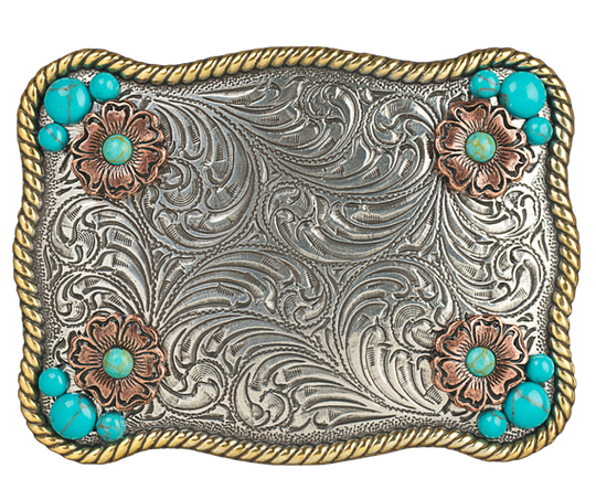 Sunsets are a divine gift. The "Sunset Flower" Belt Buckle takes your mind to one. Its rectangular shape, rope edge, and western floral background are accented by small Turquoise stones and Copper flowers. At 2 1/2" tall by 3 1/2" wide, this versatile buckle fits belts up to 1 1/2" wide and is available at our retail store in Smyrna, TN, near Nashville. We can't wait for you to see it!