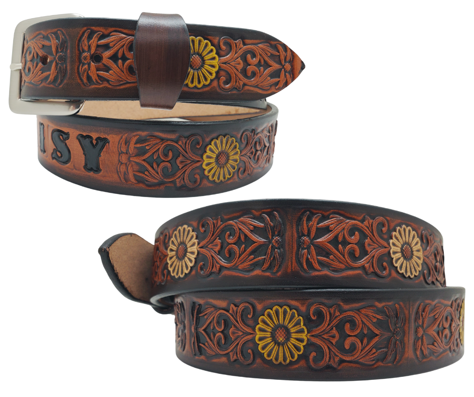 "The Sun Daisy" is a handmade real VEGTAN belt made from a single strip of cowhide shoulder leather that is 8-10 oz. or approx. 1/8" thick. It has hand burnished (smoothed)&nbsp;edges and Summer flowers embossed on the surface with HAND PAINTED in White and Yellow or White or Yellow. The antique nickel plated solid brass buckle is snapped in place with heavy snaps.&nbsp; This belt is made just outside Nashville in Smyrna, TN.