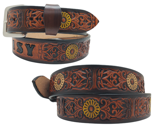 "The Sun Daisy" is a handmade real VEGTAN belt made from a single strip of cowhide shoulder leather that is 8-10 oz. or approx. 1/8" thick. It has hand burnished (smoothed)&nbsp;edges and Summer flowers embossed on the surface with HAND PAINTED in White and Yellow or White or Yellow. The antique nickel plated solid brass buckle is snapped in place with heavy snaps.&nbsp; This belt is made just outside Nashville in Smyrna, TN.