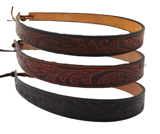 <p>Western patterns are timeless&nbsp; have become part of American and Western culture. Our <b><i>Embossed Hand stained</i></b> leather hatband is 3/4" wide by 23" (without tie string). Pick one or a few. Fit's most any hat with adjustable bead and leather 1/8" string. Will fit most TOP HAT style and WESTERN crowned hats. Made in our Smyrna, TN shop. (Hats sold separately)</p> <p>&nbsp;</p>