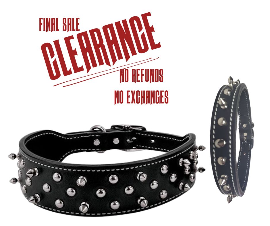 Constructed of premium quality black bridle leather, this doubled and stitched collar with smoothed and darkened edges will turn heads with its carefully crafted and attractive design of nickel plated over brass spikes and spots. Chrome plated hardware. These are heavy double layer leather approx. 1/4" thick, the inner layer is smooth and keeps the studs and spikes from rubbing your pet.