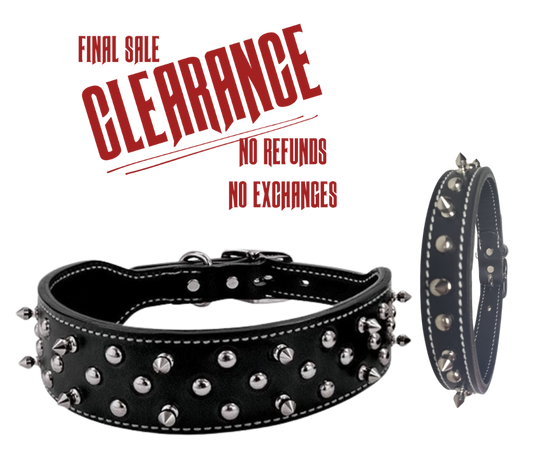 Constructed of premium quality black bridle leather, this doubled and stitched collar with smoothed and darkened edges will turn heads with its carefully crafted and attractive design of nickel plated over brass spikes and spots. Chrome plated hardware. These are heavy double layer leather approx. 1/4" thick, the inner layer is smooth and keeps the studs and spikes from rubbing your pet.