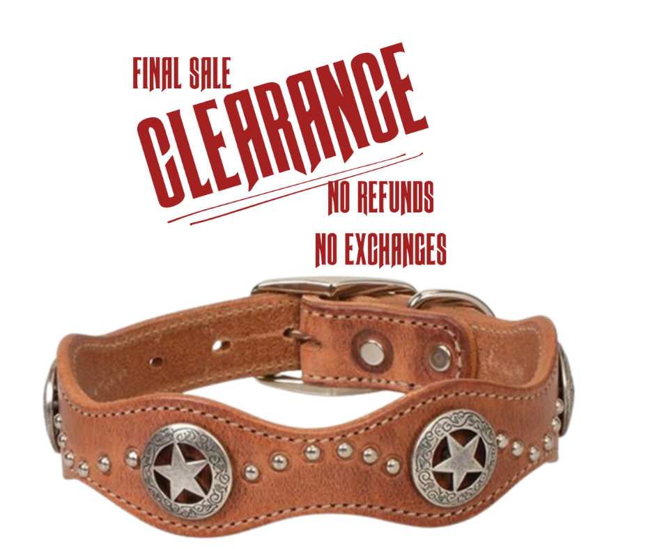 Constructed of premium quality Harness leather, this stitched collar will turn heads with its carefully crafted and attractive Scalloped design of  Star Conchos and spots.  This heavy leather is approx. 1/4" thick. The 1" and 3/4" width is based off the buckle size.