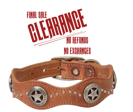 Constructed of premium quality Harness leather, this stitched collar will turn heads with its carefully crafted and attractive Scalloped design of  Star Conchos and spots.  This heavy leather is approx. 1/4" thick. The 1" and 3/4" width is based off the buckle size.