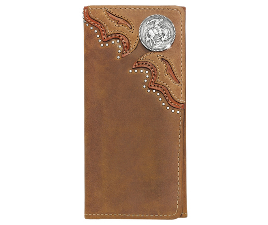 Carry this handsome checkbook wallet, with Western flavored stitching. The Aged Bark colored leather, the Bronc concho in a studded, stitched frame. A unique tri-fold style set this one apart with a soft inside is built to fit 15 cards, checkbook, 2 cash slots, pen, ID window. It's sized at 6 3/4" tall by 3 3/4" wide. Available in our Smyrna, TN store, a short drive id your in Nashville visiting. Silver Creek is Made by Brighton.