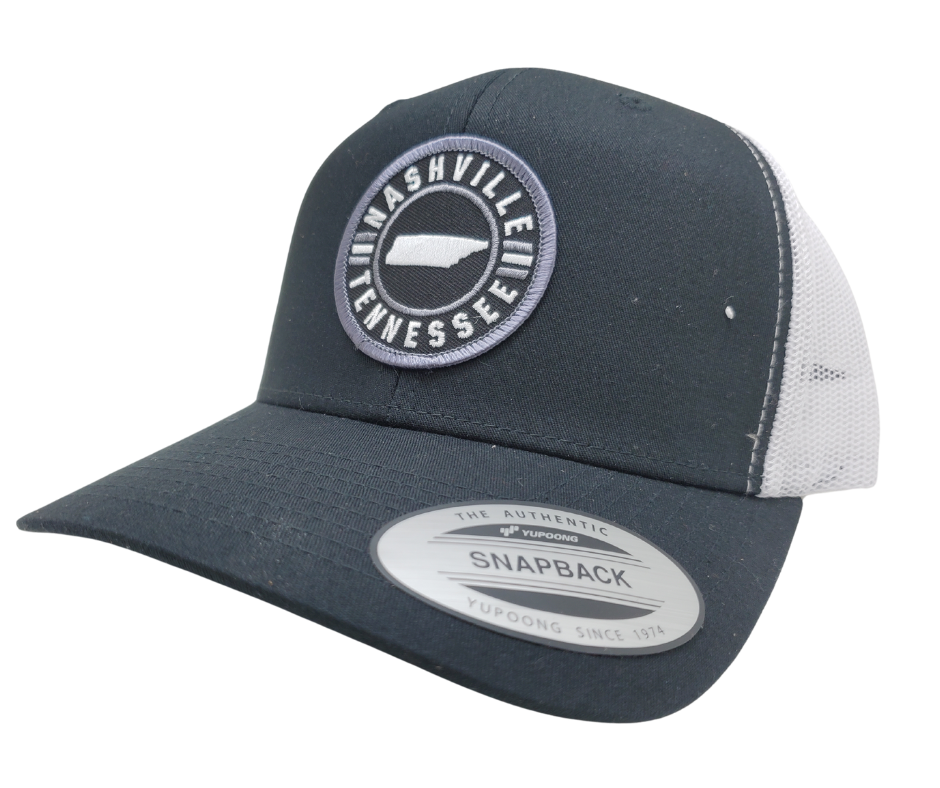 Classic Patched Cap with a Nashville Tennessee round patch in Black &amp; White with a touch of Grey. Black Twill front and White Mesh back cap with snap adjustment. Will soon be your favorite cap! Shop now at our Smyrna, TN store or online.