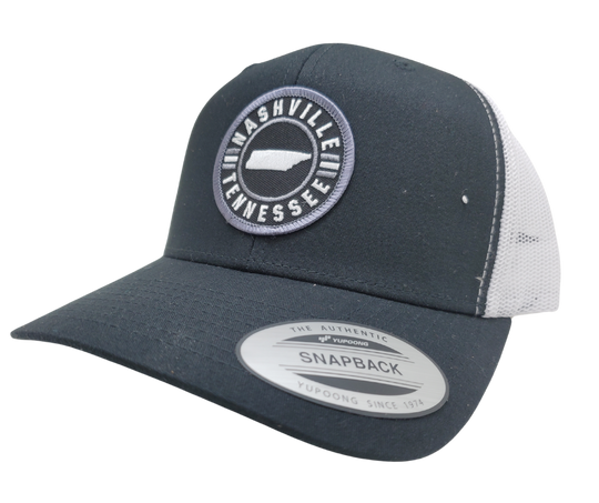 Classic Patched Cap with a Nashville Tennessee round patch in Black &amp; White with a touch of Grey. Black Twill front and White Mesh back cap with snap adjustment. Will soon be your favorite cap! Shop now at our Smyrna, TN store or online.