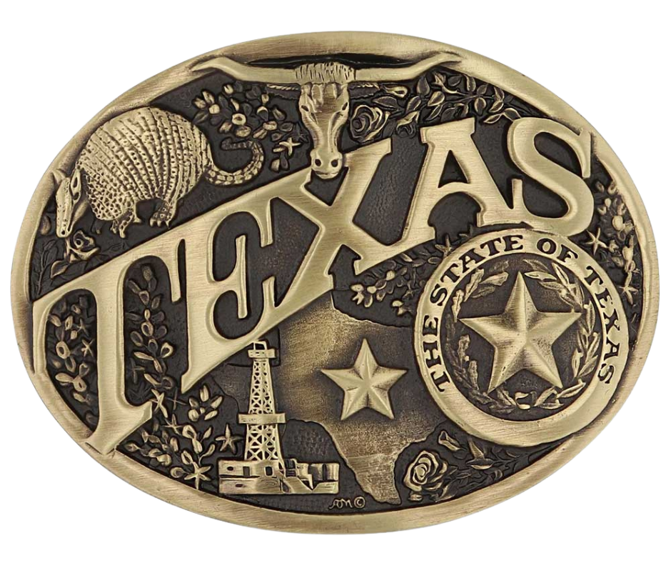 Large lettering spelling out TEXAS stretches boldly across, surrounded by a set of antiqued figures in celebration of Texas heritage including a longhorn head, armadillo, oil well, the state of Texas and the Lone Star seal. Our cast belt buckles are acid washed to add the dark antiqued patina and hand buffed to bring out the highlights and details. Standard 1.5 inch belt swivel. Get yours at our local Smyrna ,TN shop.