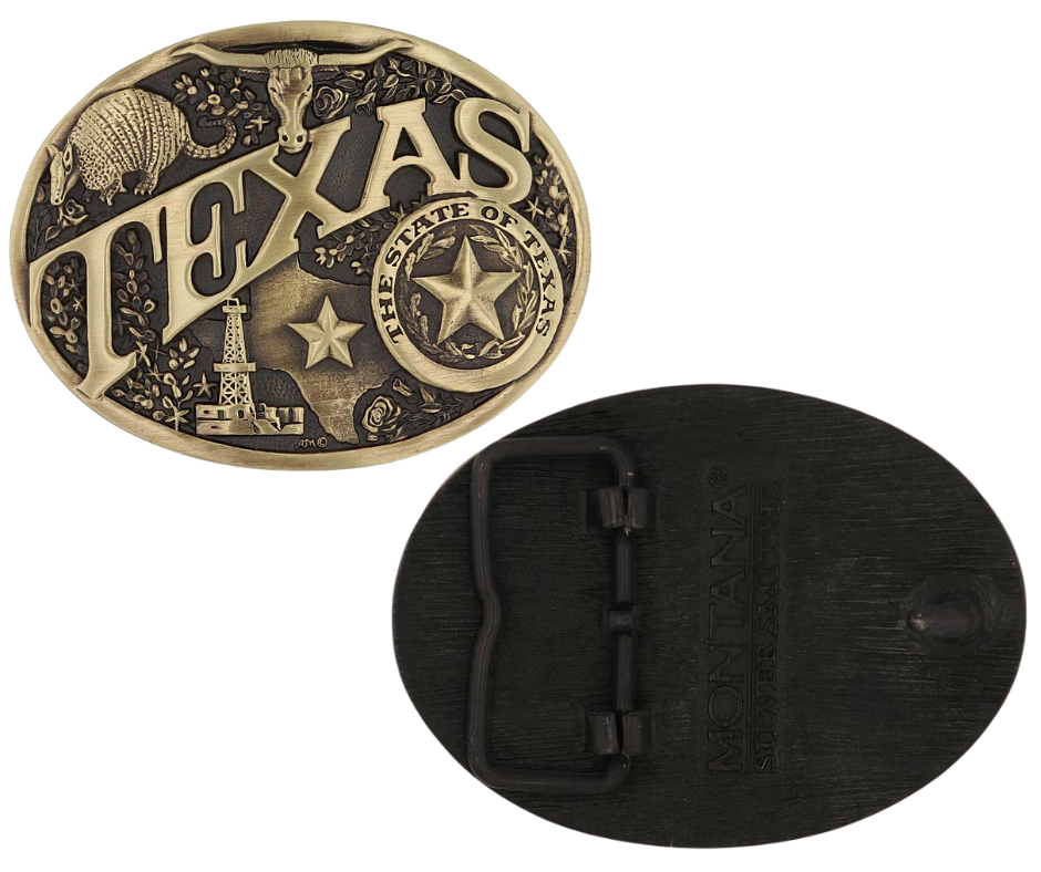 Large lettering spelling out TEXAS stretches boldly across, surrounded by a set of antiqued figures in celebration of Texas heritage including a longhorn head, armadillo, oil well, the state of Texas and the Lone Star seal. Our cast belt buckles are acid washed to add the dark antiqued patina and hand buffed to bring out the highlights and details. Standard 1.5 inch belt swivel. Get yours at our local Smyrna ,TN shop.