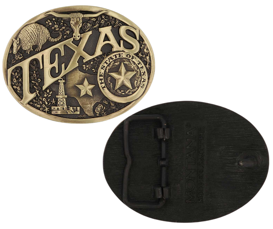 Large lettering spelling out TEXAS stretches boldly across, surrounded by a set of antiqued figures in celebration of Texas heritage including a longhorn head, armadillo, oil well, the state of Texas and the Lone Star seal. Our cast belt buckles are acid washed to add the dark antiqued patina and hand buffed to bring out the highlights and details. Standard 1.5 inch belt swivel. Get yours at our local Smyrna ,TN shop.