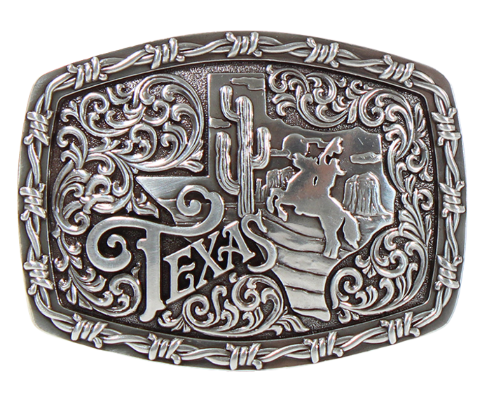 This "Texan" Western Buckle by Nocona has it all--barbed-wire borders, an oval/rectangular shape, a Lone Star State silhouette, a cactus, and a horse rider for good measure! Plus, the Scroll design gives it an extra bit of flair. The buckle is rustic with it's antique silver finish, and measures 2 1/2" tall by 3 1/2" wide, fitting belts up to 1 1/2" wide. You can get your hands on this one in our Smyrna, TN retail store (near Nashville) and through the convenience of our online store! Imported