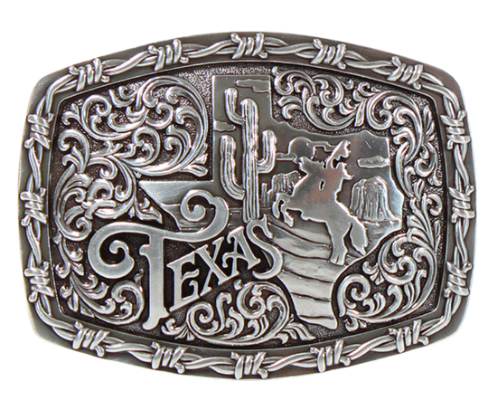 This "Texan" Western Buckle by Nocona has it all--barbed-wire borders, an oval/rectangular shape, a Lone Star State silhouette, a cactus, and a horse rider for good measure! Plus, the Scroll design gives it an extra bit of flair. The buckle is rustic with it's antique silver finish, and measures 2 1/2" tall by 3 1/2" wide, fitting belts up to 1 1/2" wide. You can get your hands on this one in our Smyrna, TN retail store (near Nashville) and through the convenience of our online store! Imported