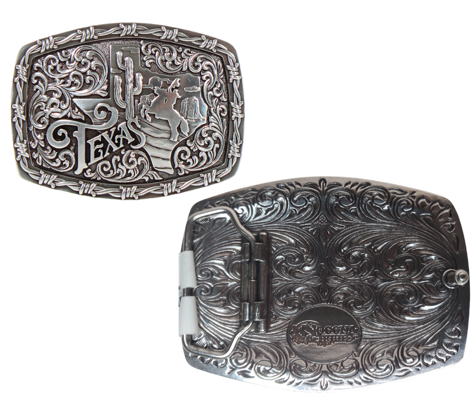 This "Texan" Western Buckle by Nocona has it all--barbed-wire borders, an oval/rectangular shape, a Lone Star State silhouette, a cactus, and a horse rider for good measure! Plus, the Scroll design gives it an extra bit of flair. The buckle is rustic with it's antique silver finish, and measures 2 1/2" tall by 3 1/2" wide, fitting belts up to 1 1/2" wide. You can get your hands on this one in our Smyrna, TN retail store (near Nashville) and through the convenience of our online store! Imported