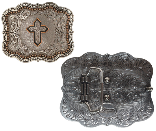 Western scrolls, rope and berry-designs on the border and a Cross in the center make this antique-silver & copper-accented buckle uniquely stylish. At 3" tall and 4" wide, it'll fit belts up to 1.5" wide. Swing by our Smyrna, TN store (just outside Nashville) to purchase yours - or find it on our online store! Imported